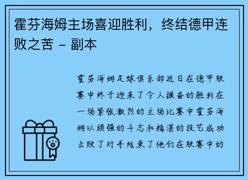 霍芬海姆主场喜迎胜利，终结德甲连败之苦 - 副本