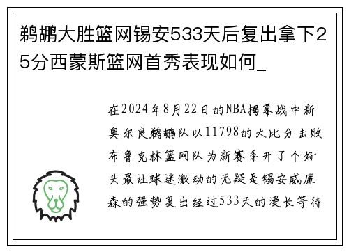 鹈鹕大胜篮网锡安533天后复出拿下25分西蒙斯篮网首秀表现如何_