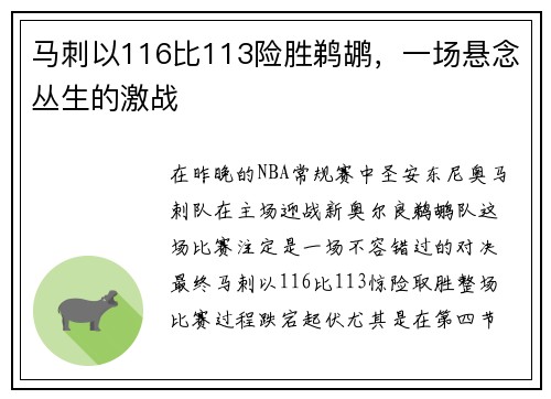 马刺以116比113险胜鹈鹕，一场悬念丛生的激战