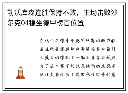 勒沃库森连胜保持不败，主场击败沙尔克04稳坐德甲榜首位置