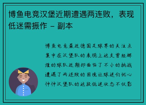 博鱼电竞汉堡近期遭遇两连败，表现低迷需振作 - 副本