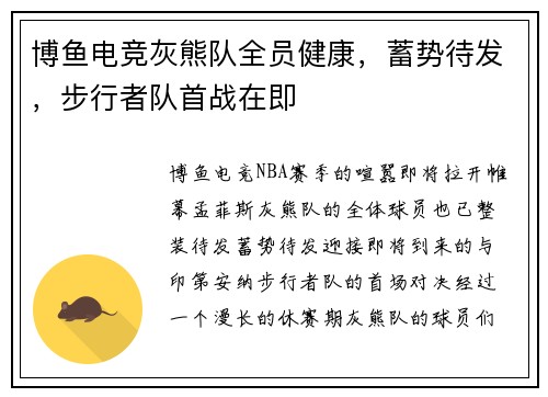 博鱼电竞灰熊队全员健康，蓄势待发，步行者队首战在即