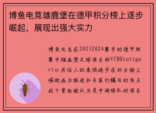 博鱼电竞雄鹿堡在德甲积分榜上逐步崛起，展现出强大实力